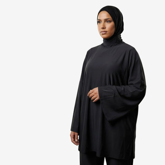 Burkini 3 pièces avec cagoule noir femme vu de face - maillot de bain couvrant musulmane piscine plage