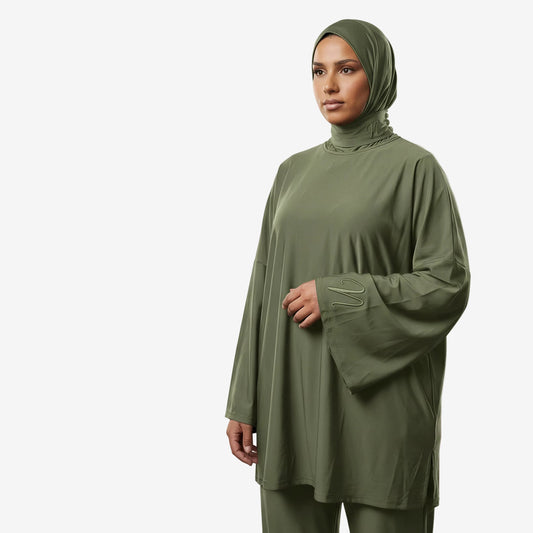 Burkini 3 pièces avec cagoule vert femme vu de face - maillot de bain couvrant piscine plage natation