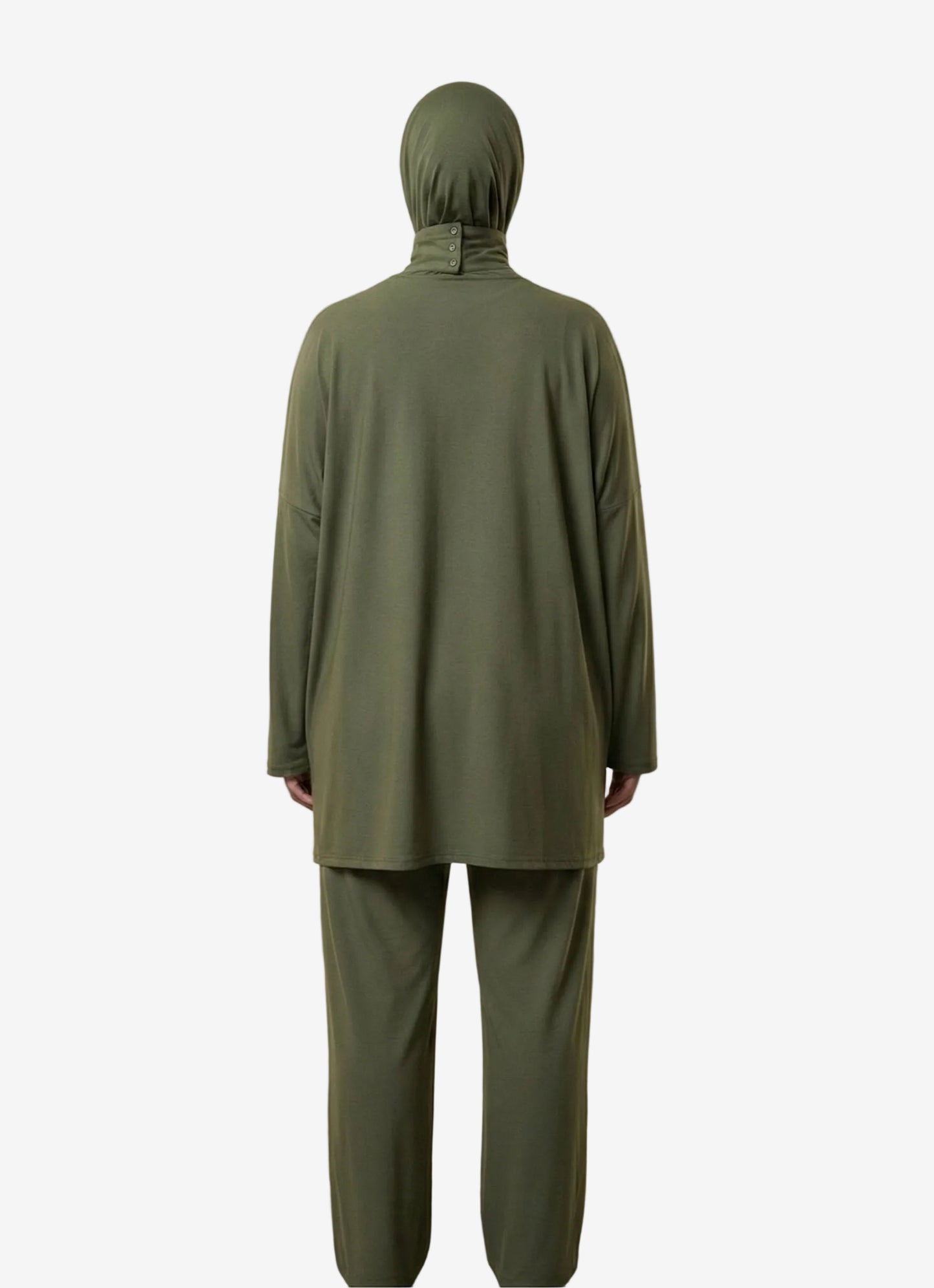 Femme portant un burkini 3 pièces vert avec cagoule intégrée vu de dos - silhouette complète coupe ample
