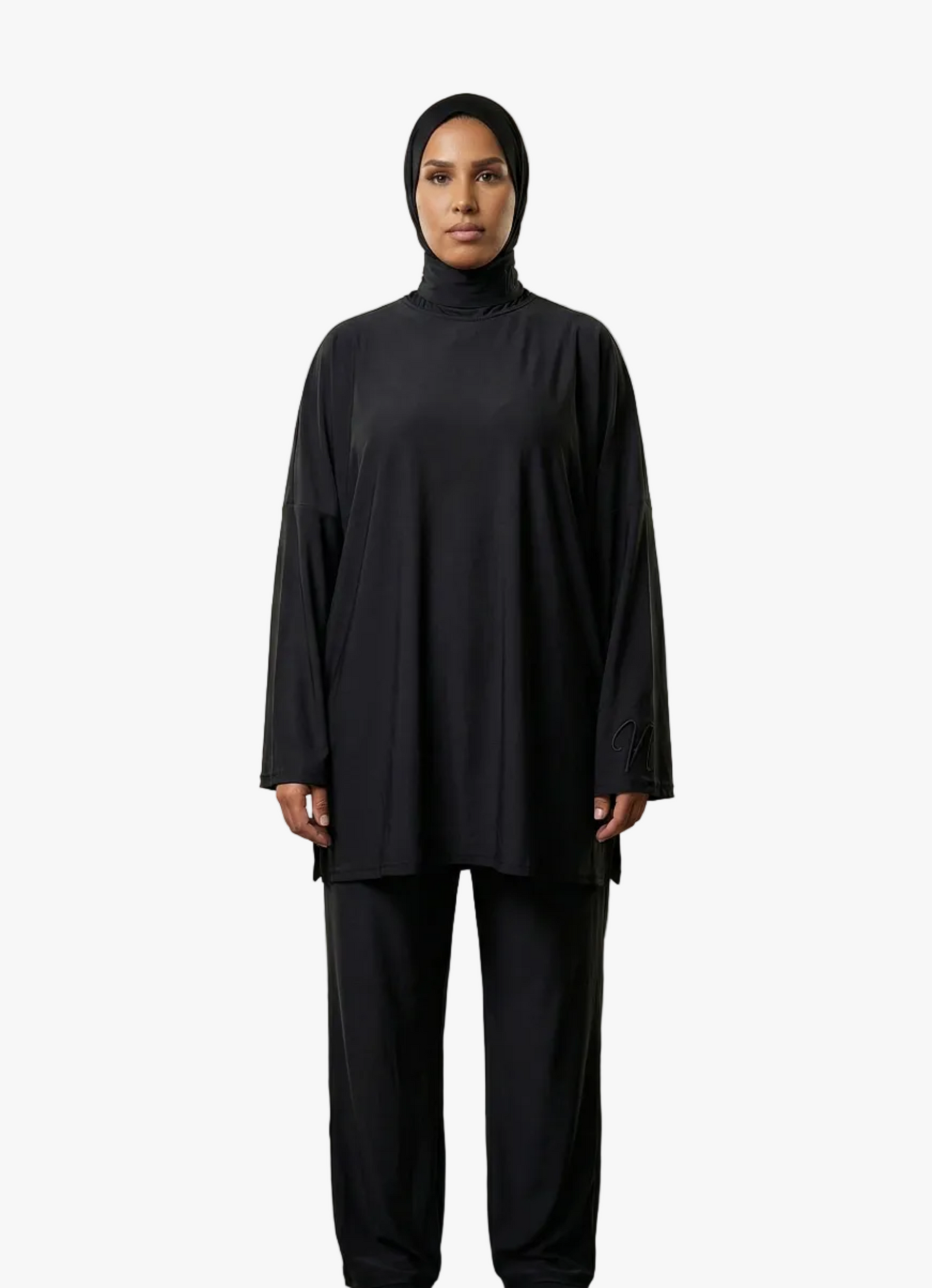 Femme en tenue de bain burkini modeste 3 pièces noire avec hijab intégré - vêtement de natation couvrant