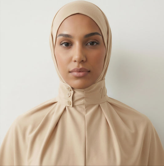 Hijab cagoule jersey premium beige - Vue de face femme